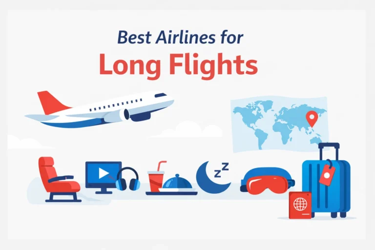 best airlines for long flights illustration with airplane and travel icons