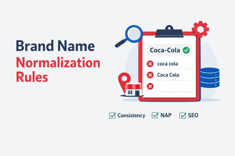 Brand name normalization rules illustration showing consistent naming for SEO