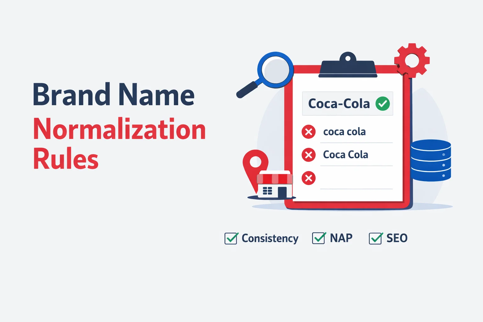 Brand name normalization rules illustration showing consistent naming for SEO