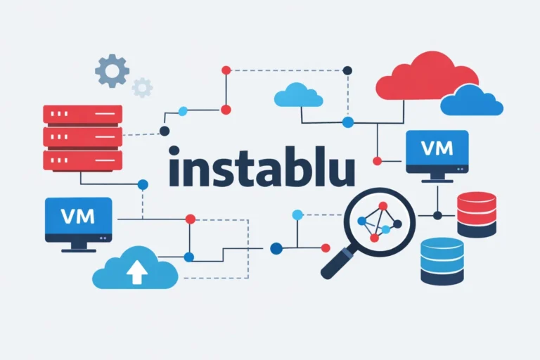 Instablu cloud infrastructure diagram with virtual machines, servers, and dependency mapping connections.