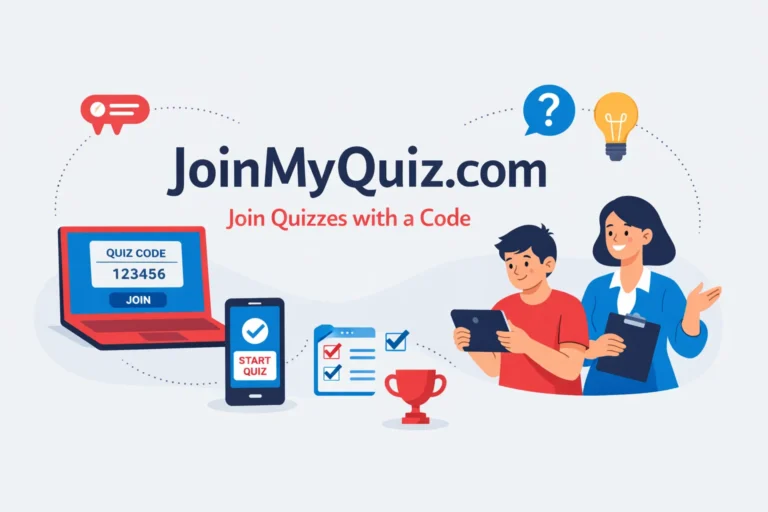 Student learning how to join my quiz on JoinMyQuiz.com using a quiz code on laptop and mobile