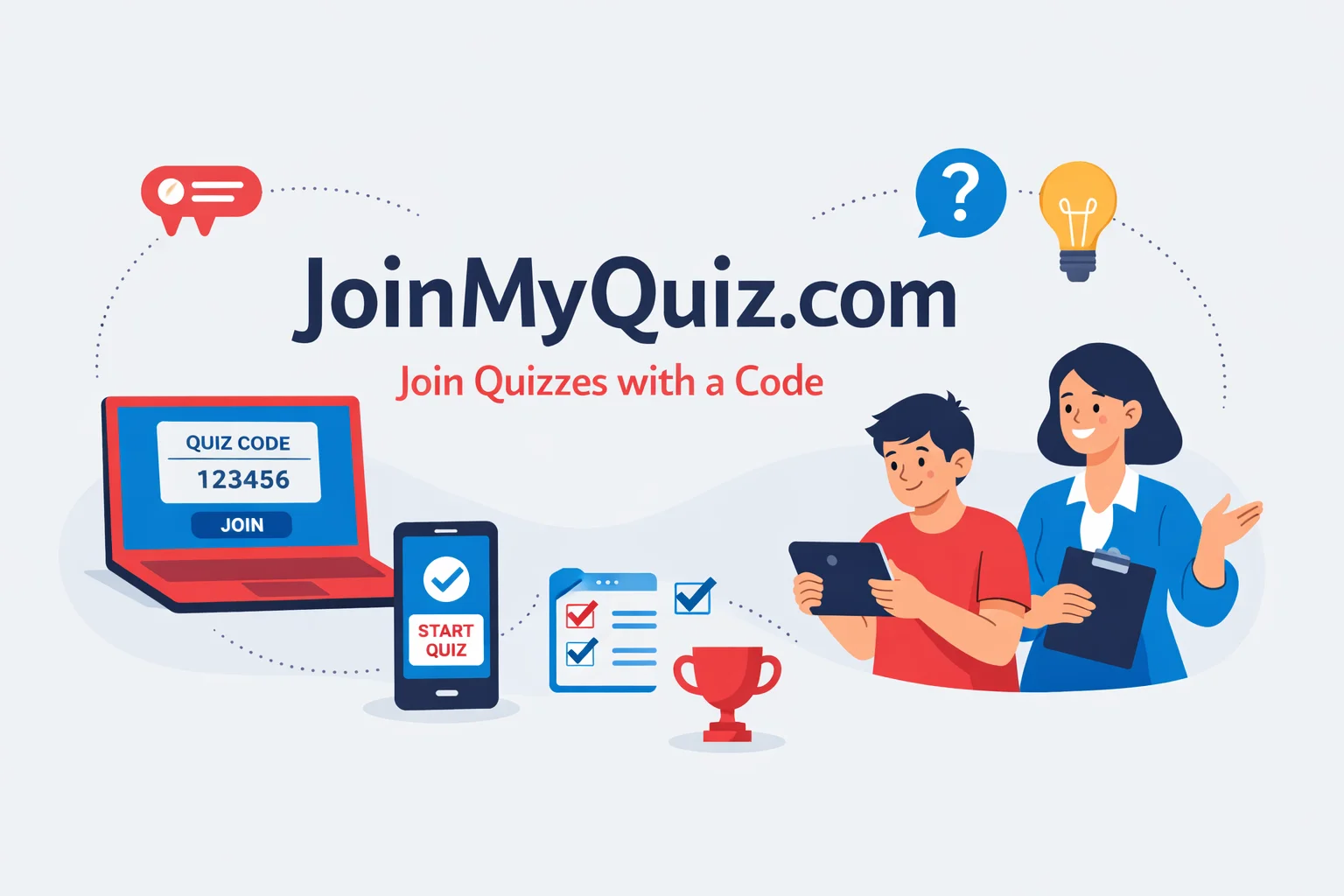 Student learning how to join my quiz on JoinMyQuiz.com using a quiz code on laptop and mobile