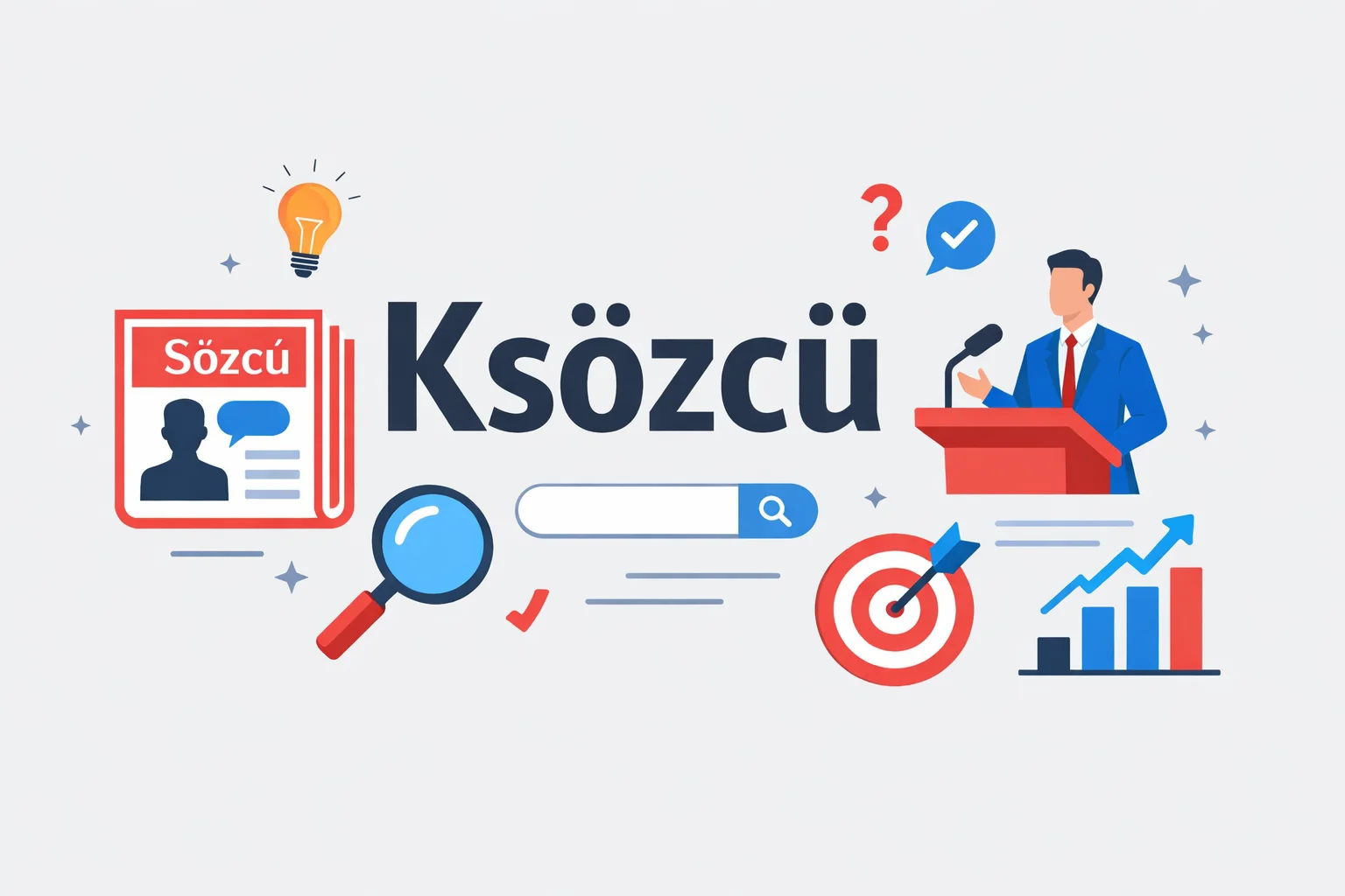 Ksözcü meaning explained with spokesperson and SEO concept illustration