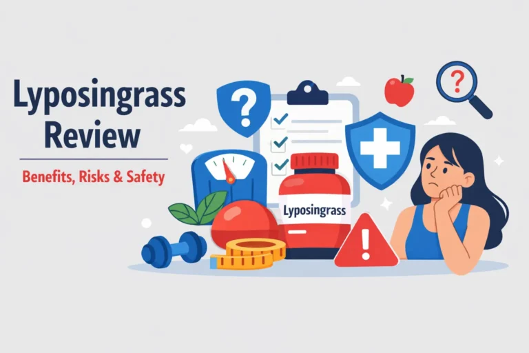 Lyposingrass review illustration showing weight loss, safety, and health icons