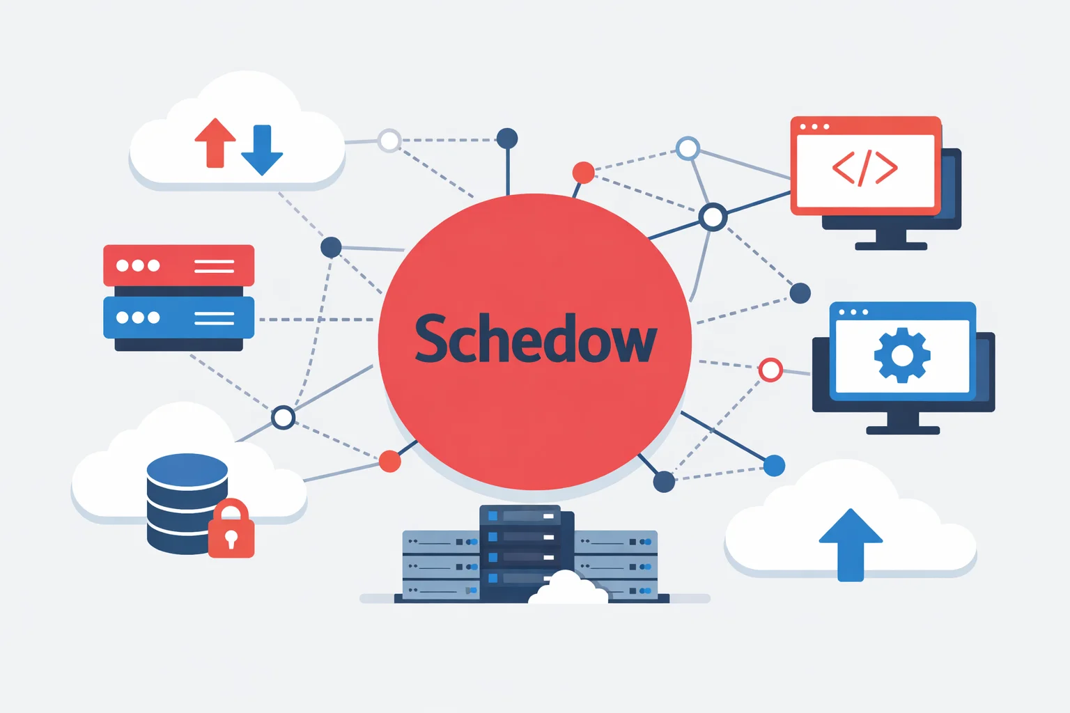 Schedow workflow system with servers, cloud, and virtual machines