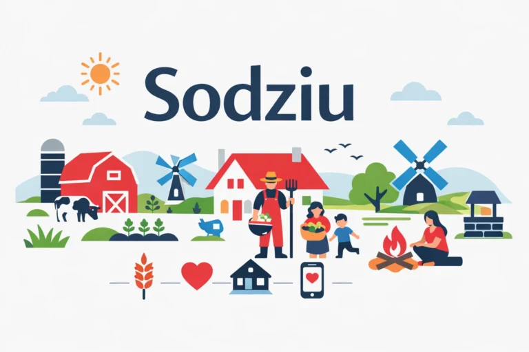 Sodziu village lifestyle illustration with countryside homes and farming scene