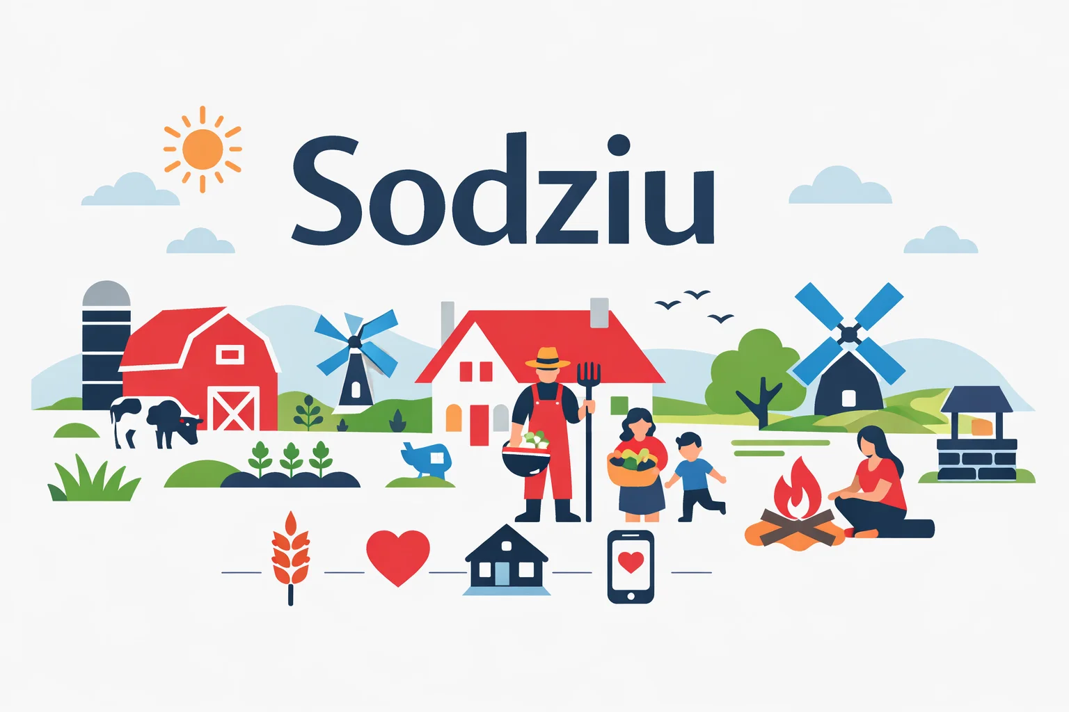 Sodziu village lifestyle illustration with countryside homes and farming scene