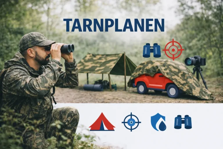 Camouflage tarp setup in forest for camping and concealment