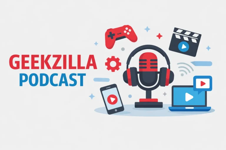 Geekzilla Podcast illustration with microphone and tech icons