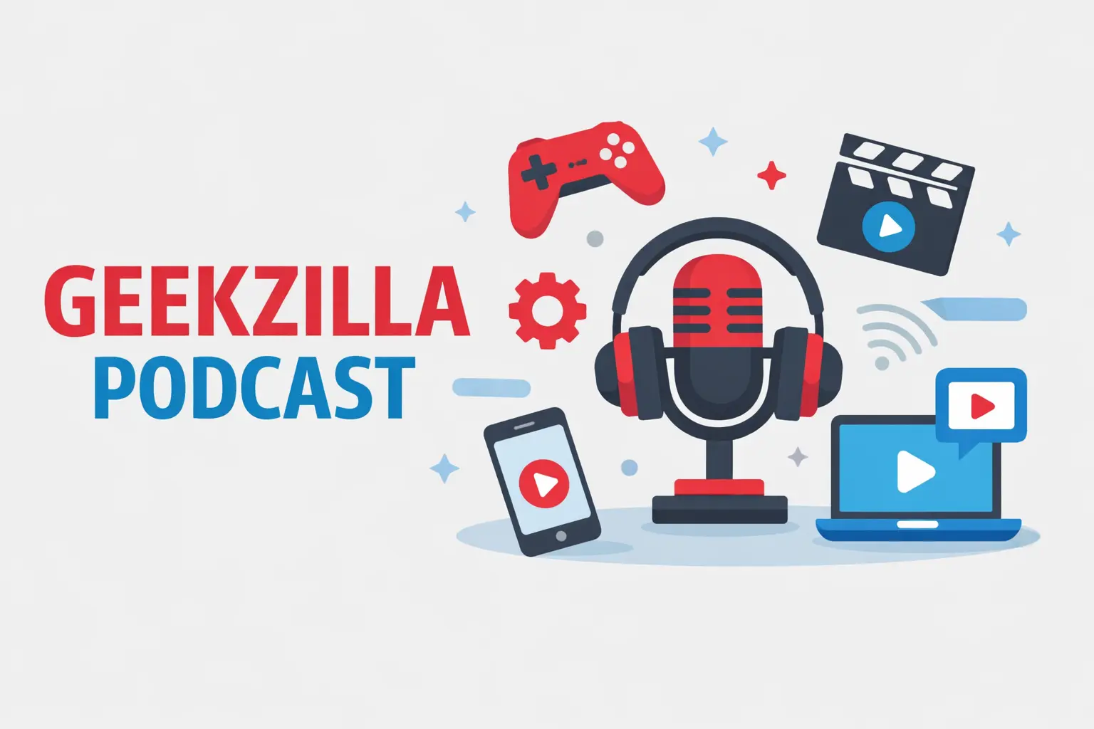 Geekzilla Podcast illustration with microphone and tech icons