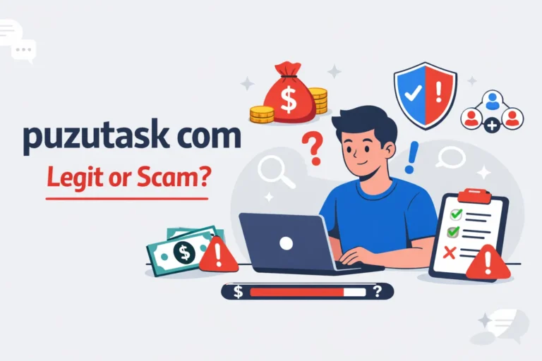 Flat illustration showing puzutask com review with legit vs scam concept, online earning tasks and warning signs