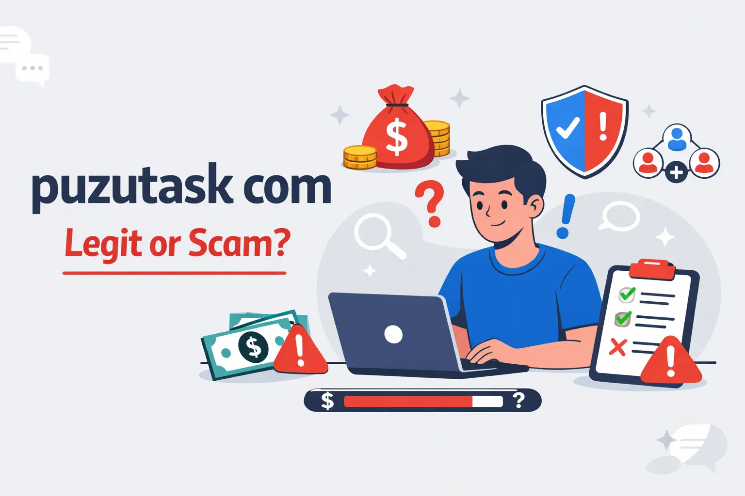 Flat illustration showing puzutask com review with legit vs scam concept, online earning tasks and warning signs